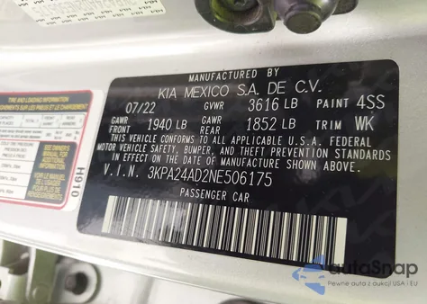 2022 Kia Rio Lx z USA, uszkodzony, nr VIN 3KPA24AD2NE506175